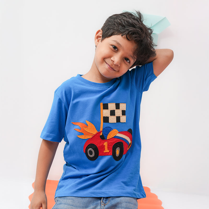 Racing Car Applique Blue Tshirt
