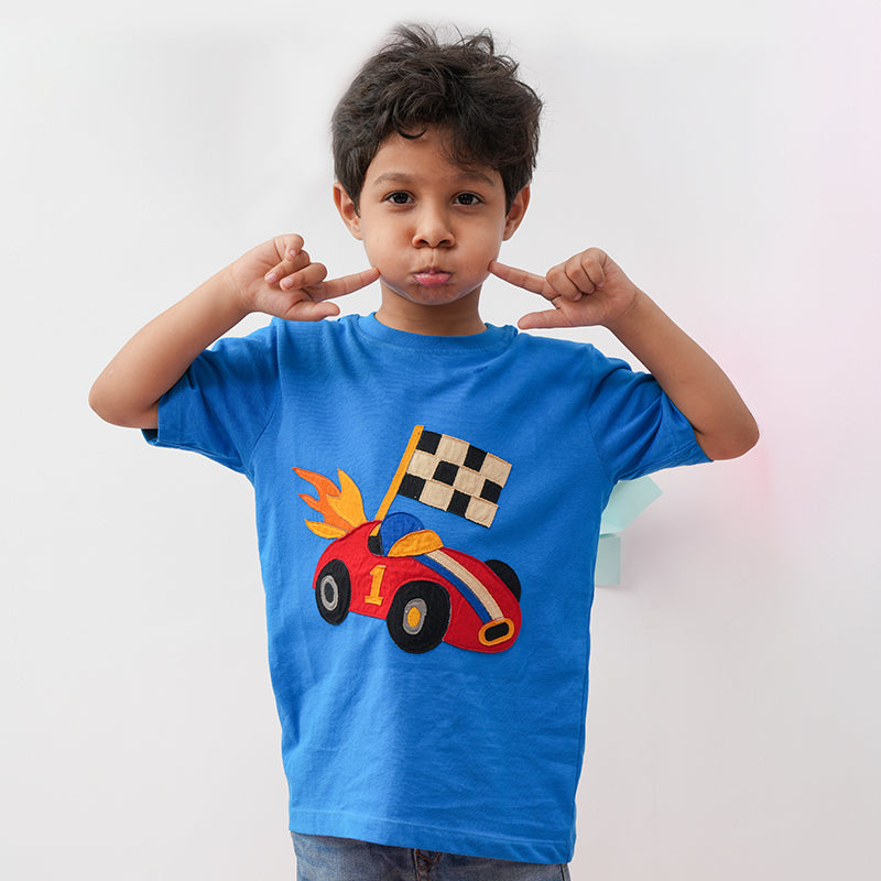 Racing Car Applique Blue Tshirt
