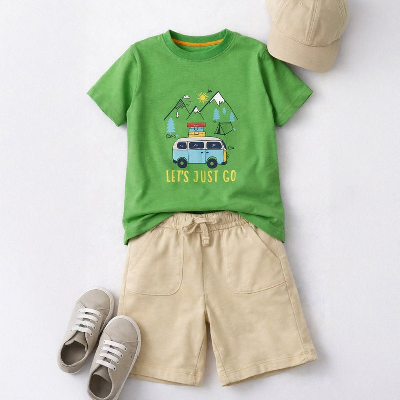 Boys Green Graphic T-shirt & Beige Shorts Set