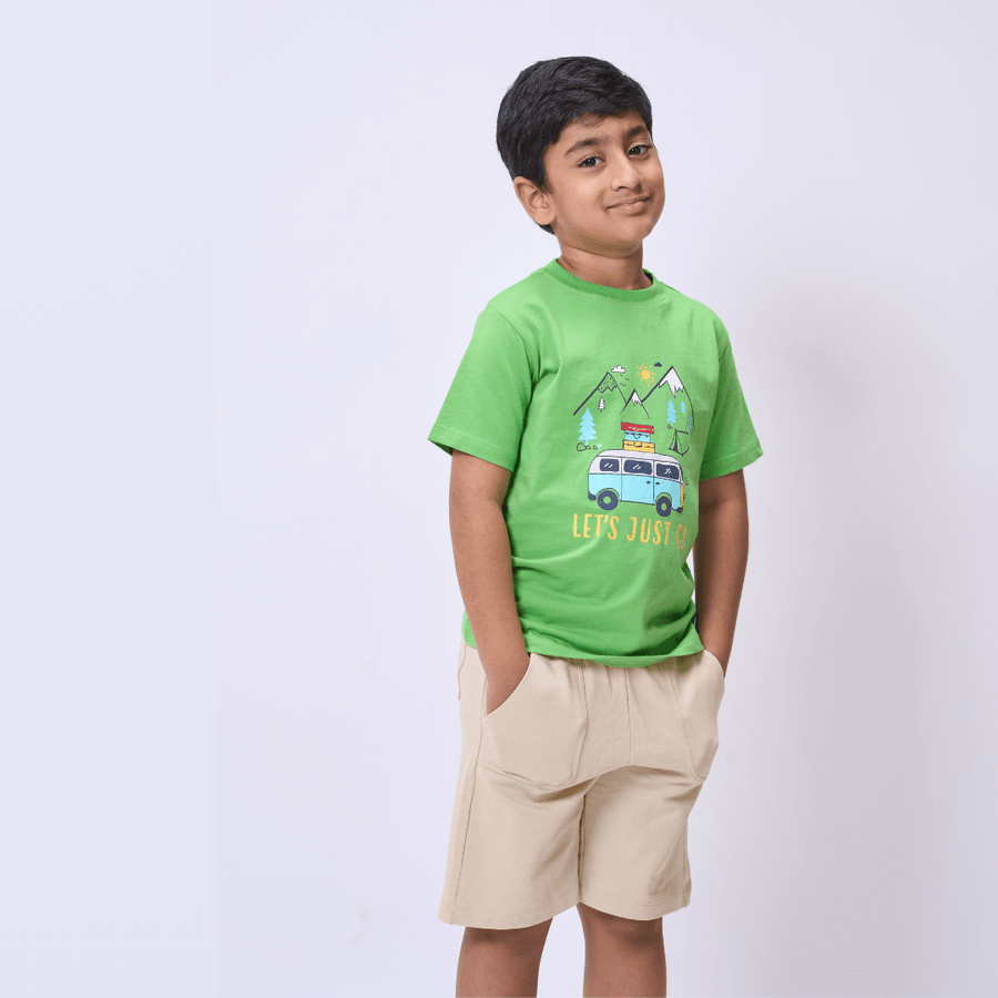 Boys Green Graphic T-shirt & Beige Shorts Set