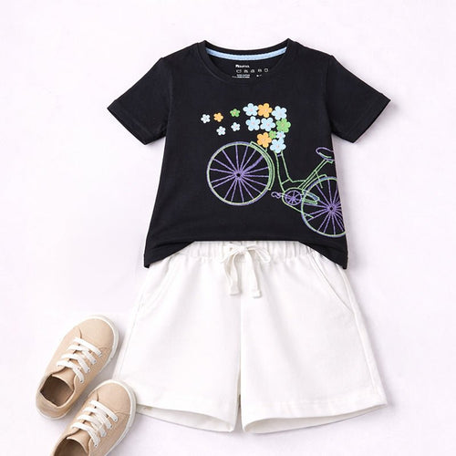 Girls Bicycle Embroidery T-shirt & White Shorts Set