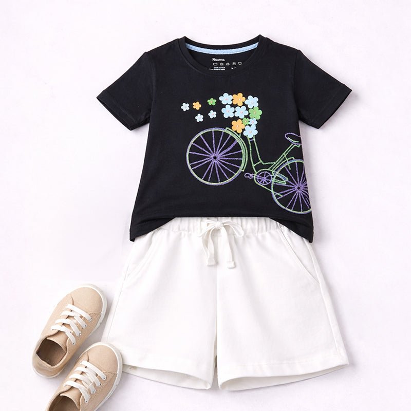 Girls Bicycle Embroidery T-shirt & White Shorts Set