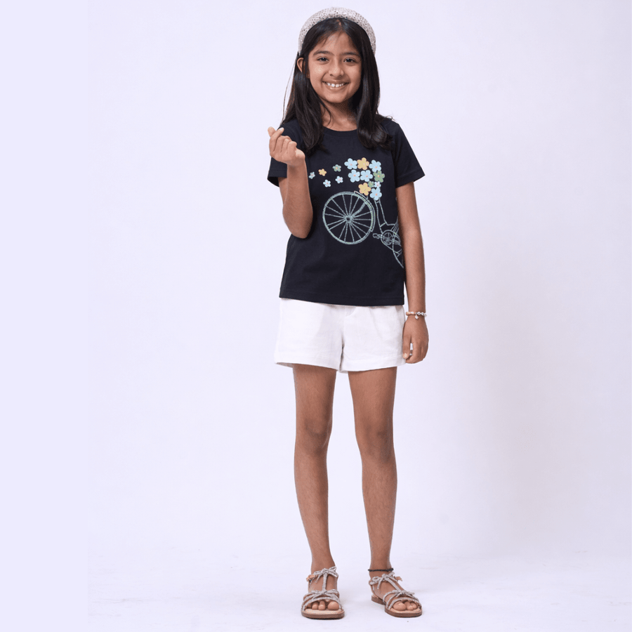 Girls Bicycle Embroidery T-shirt & White Shorts Set