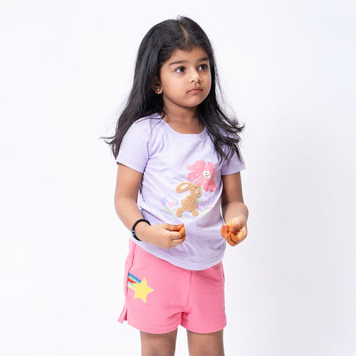 Girls Bunny Embroidered T-shirt & Pink Shorts Set