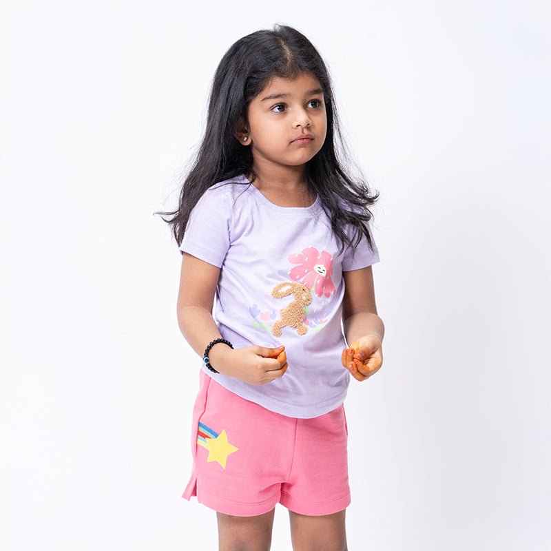 Girls Bunny Embroidered T-shirt & Pink Shorts Set
