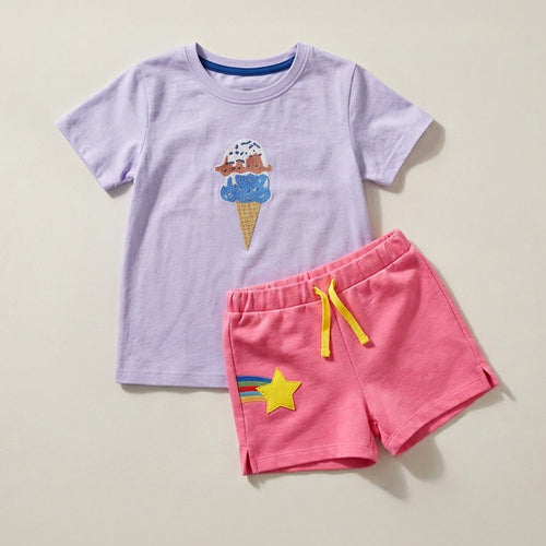 Girls Ice-cream Embroidery T-shirt & Pink Shorts Set