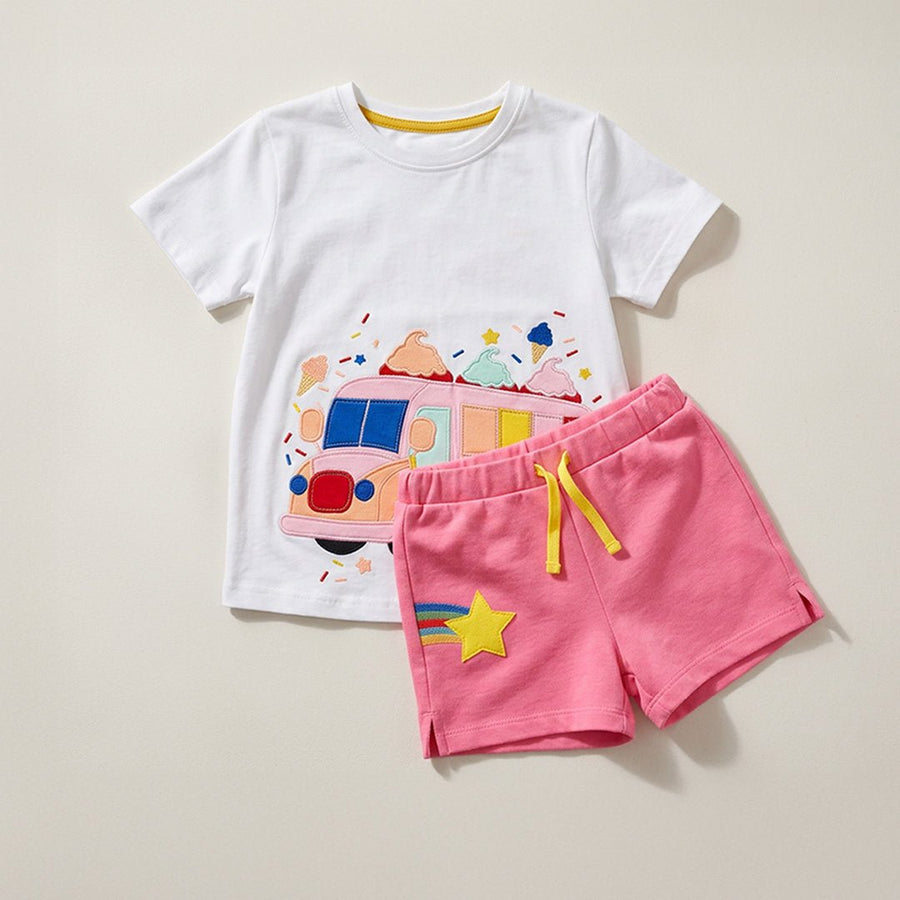Girls Ice-cream Truck Appliqué T-shirt & Pink Shorts Set