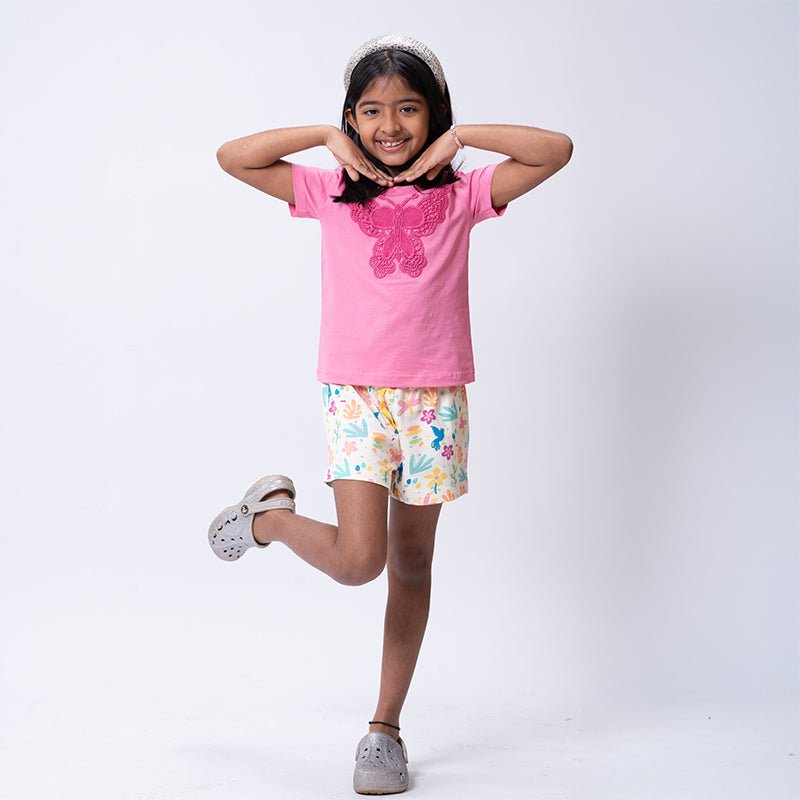 Girls Pink Butterfly T-shirt & Floral Shorts Set
