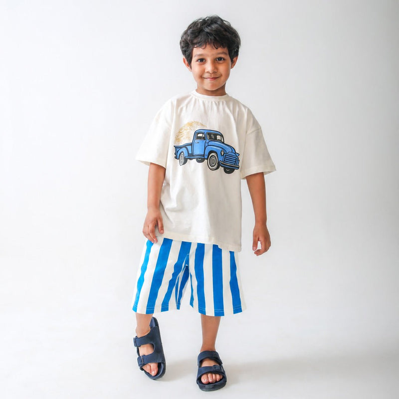 Truck Graphic T-shirt & Blue Striper Shorts Set