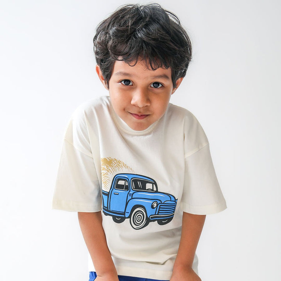 Truck Graphic T-shirt & Blue Striper Shorts Set