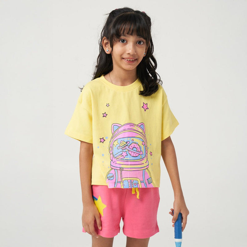 Yellow Astronaut T-shirt & Pink Applique Shorts Set